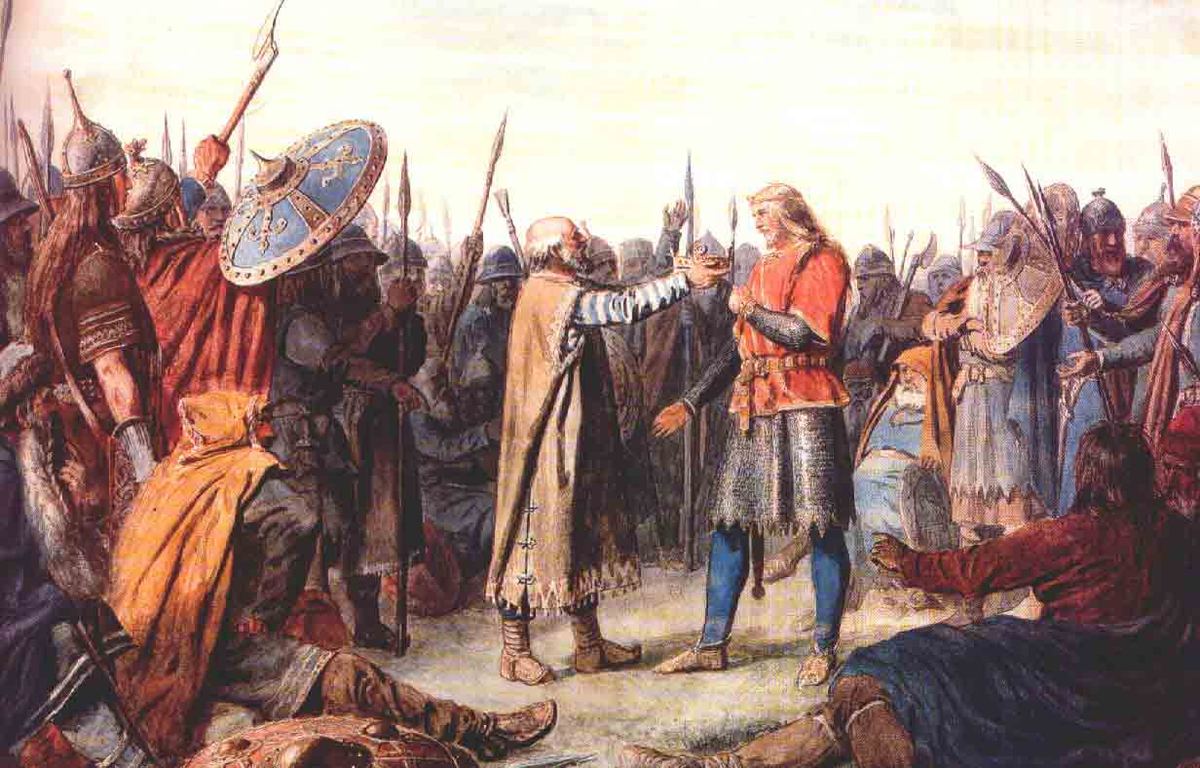Historisierendes Gemälde von Peter Nicolai Arbo mit bärtigen Kriegern der Wikingerzeit