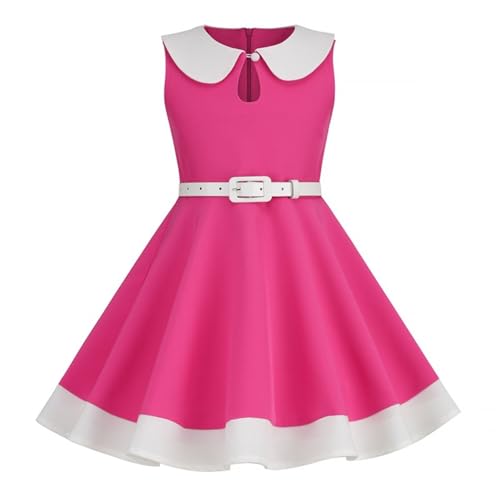 Rundhalskleid Ärmelloses Kleid Vintage Kinderkleid A-Linien-Kleid kleid mädchen festlich Einschulung Kleider mädchen (Hot Pink, 5-6 Years)