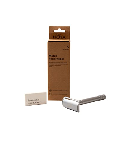 Noya Rasierhobel/Rasierer aus Metall in silber für eine hautfreundliche Zero Waste Rasur, inkl. 5 Klingen, für Gesicht und Körper, Unisex