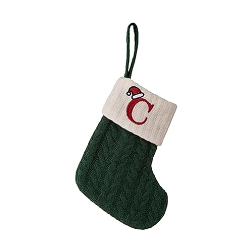 Weihnachtsschmuck zum Aufhängen: Grüner Buchstaben-Strickstrumpf mit gestickten Garn-Details, Weihnachtsstrumpf, Geschenktasche, Treppe (C, Einheitsgröße)