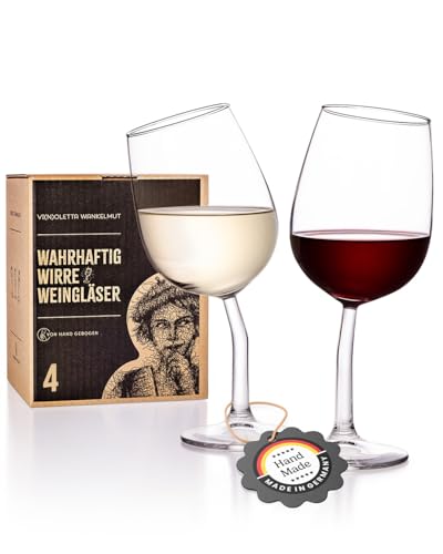 Vi(n)oletta Wankelmut Krumme Weingläser Set (4 Stück) - Weinglas lustig Handgebogen in DE - Lustige Wein-Gläser als Wein Geschenke für Frauen & Männer