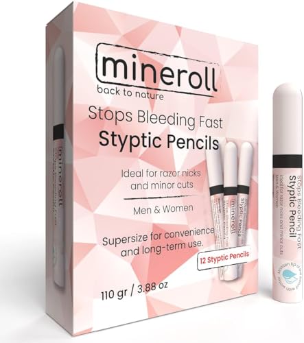 Mineroll Styptic Pencils Rasierzubehör (12 Stifte) Stoppt Blutungen schnell zum Rasieren von Kerben, Rasiermesserschnitten für Männer und Frauen – hygienisch und ideal für Friseure oder Privatpersonen