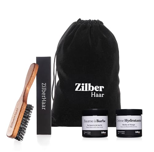 ZilberHaar - Bartpflege-Set für Männer - 1 Bartbürste Regular + 1 Bartbalsam + 1 Feuchtigkeitscreme - Harte Wildschweinborsten - Samtbeutel