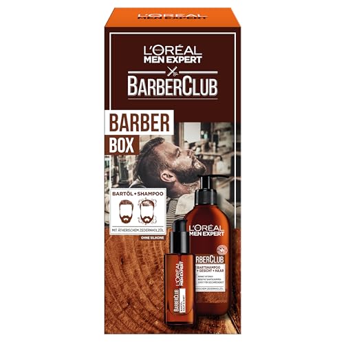 L'Oréal Men Expert Bartpflege-Set für Männer, Geschenkset mit Bartshampoo und Bartöl, Geschenk für Herren mit Zedernholzöl, Barber Club, 1 x 200 ml, 1 x 30 ml