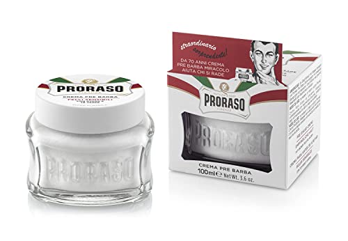 Proraso Pre Shave Cream Sensitive, 100 ml, beruhigende Rasiercreme für die Anwendung vor der Rasur, mit Hafer und Grüntee-Extrakten, Made in Italy, Weiß