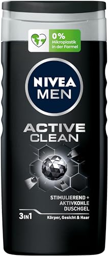 NIVEA MEN Active Clean Duschgel (250 ml), pH-hautneutrale Pflegedusche mit maskulinem Duft, Männer Duschgel mit Aktivkohle für Körper, Gesicht und Haar