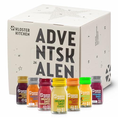 Kloster Kitchen Ingwer Shots Adventskalender 2024 - Weihnachtskalender mit 35 Shotportionen - Hochwertige Bio-Getränke als Geschenk für Männer und Frauen - vegan & bio