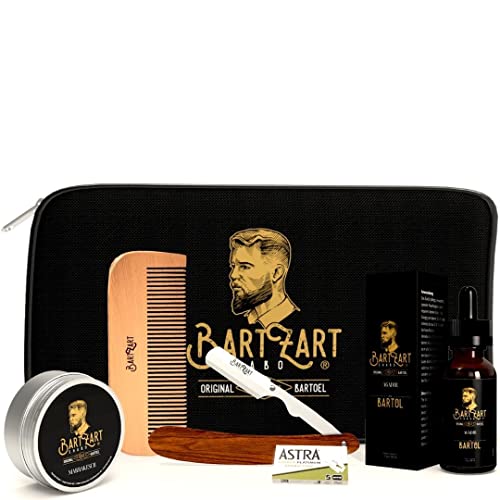 BartZart Bartpflege Set mit Rasiermesser I hochwertigem Bartöl I natürlichem Bartwachs I Bartkamm aus Holz I...