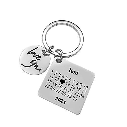 Schlüsselanhänger Herz-Tag-Kalender mit edler Datum Gravur Personalisiert und Beidseitig bedruckt I Jahrestag Individuell graviert I Ich liebe dich Partner Geschenk am Schlüsselband (Silber)