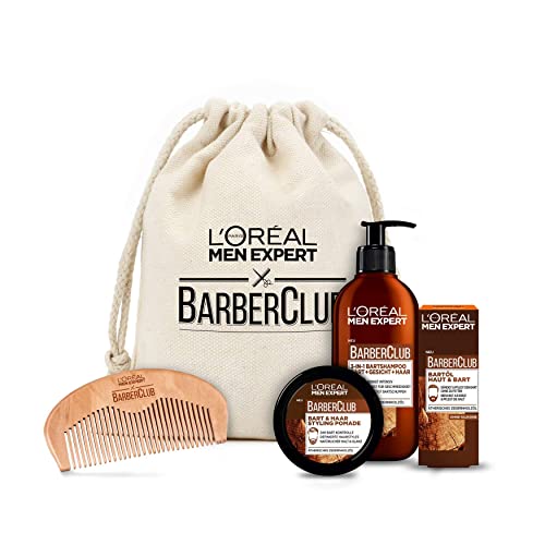L'Oréal Men Expert Bartpflege Set mit Bartöl, Bartshampoo, Bartkamm und Bart Styling Pomade, Barber Club...