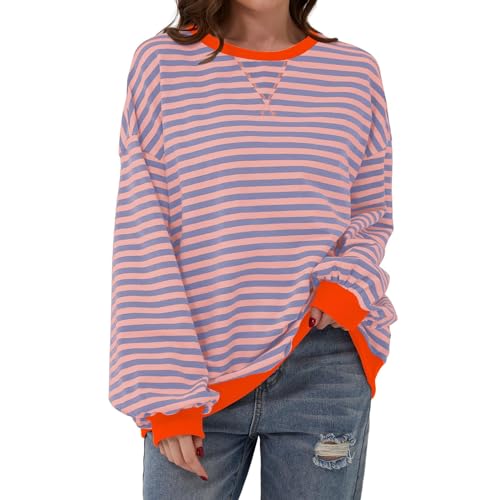 Sweatshirts für Damen, Rundhalsausschnitt, langärmelig, gestreift, weich, leicht, Tunika, Herbst, Thermo-Top, Outdoor-Pullover, Orange, XL