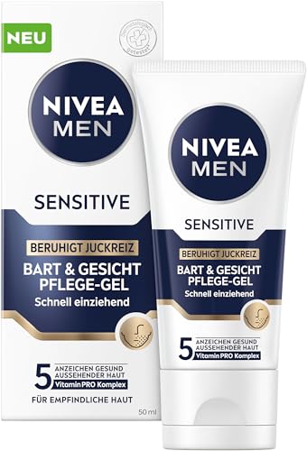 NIVEA MEN Sensitive Bart & Gesicht Pflege-Gel, schnell einziehende Bartpflege für empfindliche Männerhaut, beruhigende Gesichtspflege zur Linderung von Hautirritationen (50 ml)