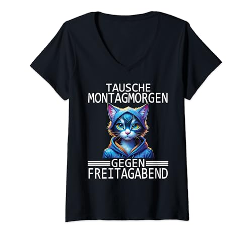 Damen Arbeiten Witziger Lustiger Spruch fun Sprüche süßer Katze T-Shirt mit V-Ausschnitt
