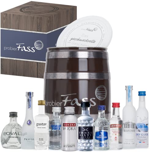 probierFass Vodka Geschenk | 10 beliebte Vodka Klassiker (8 x 0.05l und 2 x 0.04l) in einem originellen Fass mit Geschenkverpackung | Vodka Probierset | Vodka Set | Vodka Geschenkset