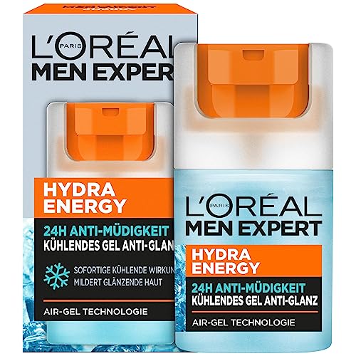 L'Oréal Men Expert kühlende Anti-Glanz Gesichtspflege für Männer, Mattierendes und erfrischendes Gel 24H Anti-Müdigkeit, Gesichtscreme für Herren mit Meeresquellwasser, Hydra Energy, 1 x 50 ml