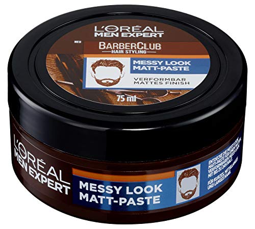 L'Oréal Men Expert Messy Look Matt Paste für Männer, Haar Styling Wax für einen starken Halt, Herren Haarwachs Pomade für ein mattes Finish, Barber Club, 1 x 75 ml