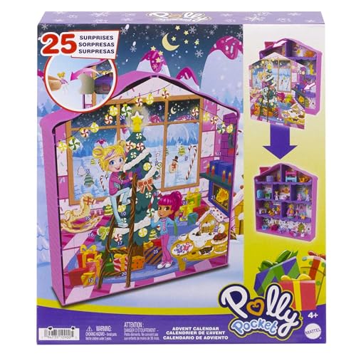 Polly Pocket Adventskalender-Haus - 25 Überraschungen, 2 Puppen, 27 Zubehörteile, Lebkuchenhaus-Design, Weihnachtsbaum, Skier, für Kinder ab 4 Jahren, HKW16