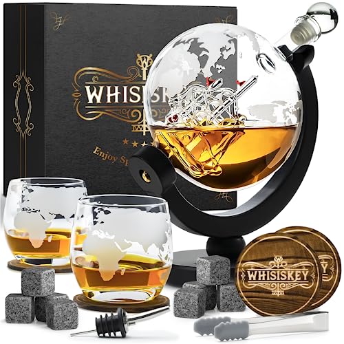 Whisiskey – Whisky Karaffe Set - Whiskey Geschenkset – Geschenke für Männer – Männergeschenke - Geburtstagsgeschenk Mann - Globus Dekanter 900ML, Geschenkbox, Whisky Gläser, Whiskey Steine, Zubehör