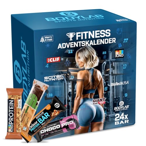 Bodylab24 Riegel Adventskalender 2024, Fitness Adventskalender mit 24 Protein-Riegeln und Energy-Riegeln von Top-Marken, High Protein Snacks für Männer und Frauen