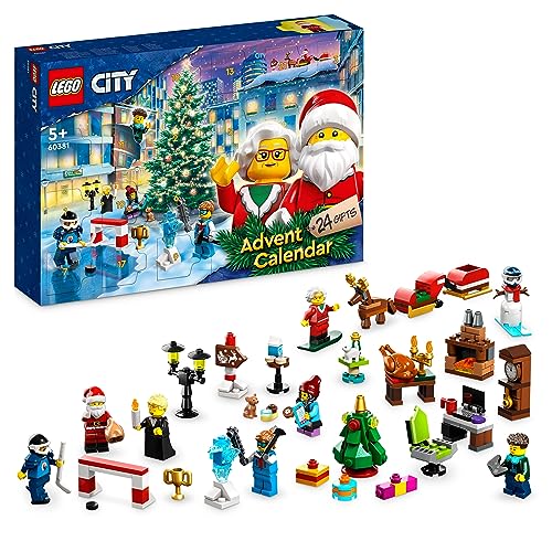 LEGO 60381 City Adventskalender 2023, Weihnachtskalender mit 24 Geschenken inkl. Weihnachtsmann- und Rentier-Figuren plus Winterwunderland-Spielmatte, Geschenk für Kinder, Jungen, Mädchen