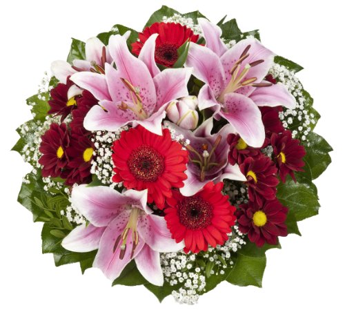 Dominik Blumen und Pflanzen, Blumenstrauß 'Charlotte' mit rosa Lilien, Chrysantheme, Gerbera und Schleierkraut