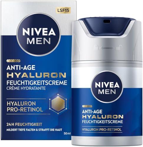 NIVEA MEN Anti-Age Hyaluron Feuchtigkeitscreme, Gesichtspflege mit Hyaluron, Pro-Retinol und LSF 15, Gesichtscreme für 24h Feuchtigkeit und sichtbare Faltenmilderung (50 ml)