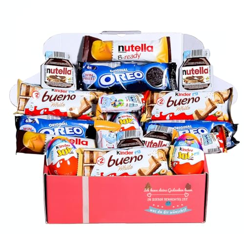 Schokolade Geschenkbox I Originelles Geschenk für Valentinstag, Geburtstage, Kinder, Partner - Kinder Bueno White, Happy Hippo, Kinder Joy, Nutella, Oreo - Box