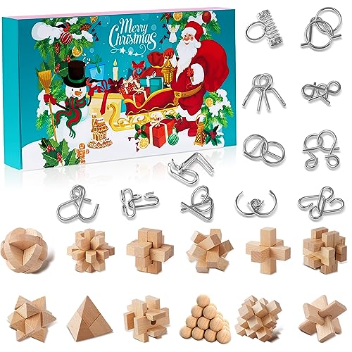 Knobelspiele Adventskalender 2024 Kinder & Erwachsene-24 Tage von Weihnachtskalender Geschenke mit Metall Knobelei und Holzk, Geschicklichkeitsspiele, IQ Puzzle für Jungen, Mädchen, Jugendliche