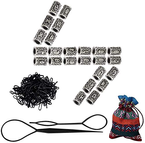 FOGAWA 24 Stück Bartperle Wikinger Rune Perlen Haarperlen Silber Bart Perlen Nordische Bartperlen Einfädler + Gummibänder Set Zubehör für Flechten Armband Halskette DIY Anhänger Schmuck