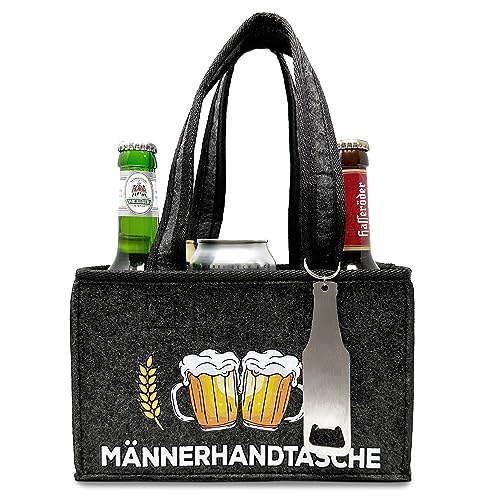Longfair Witzige Männerhandtasche mit Flaschenöffner | Tragetasche aus Hochwertigem Filz für 6 Bierflaschen | Bier Herrenhandtasche in Grau