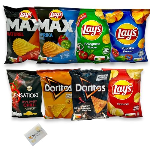 Lay’s + Doritos Chips Probierpaket 24 kleine Mini-Beutel (8 verschiedene Sorten) - 976g Gesamtgewicht + Benefux. Erfrischungstuch