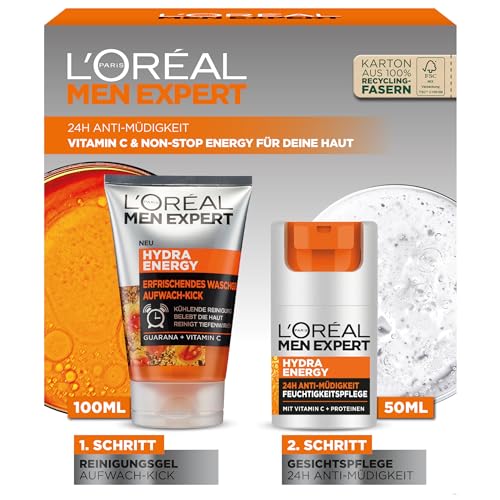 L'Oréal Men Expert Pflegeset gegen müde Haut für Männer, Geschenkset mit Waschgel und Gesichtscreme 24H Anti-Müdigkeit, Geschenk für Herren mit Vitamin C, Hydra Energy, 1 x 100 ml, 1 x 50 ml