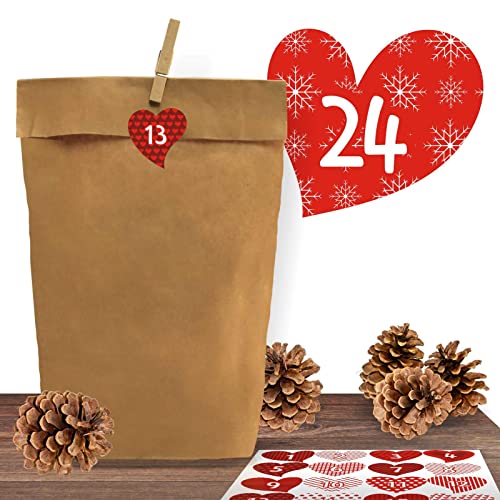 24 Adventskalender Kraftpapiertüten mit 24 weihnachtlichen Aufkleber-Zahlen “Romantischer Advent“ zum Verschließen für den Adventskalender zum Basteln und Befüllen