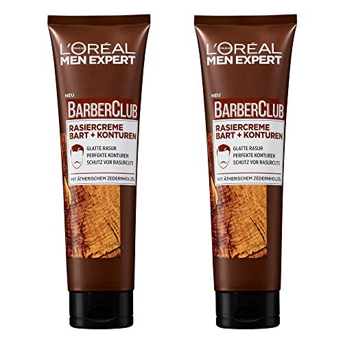 L'Oréal Men Expert Bartpflege, Rasiercreme für eine glatte Rasur und klare Konturen im Gesicht, Ätherisches Zedernholzöl, Barber Club, 2 x 150 ml