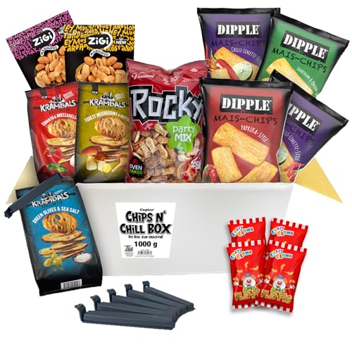 Tise Süsswaren Chips n Chill Box - Die Box zum Snacken (1Kg /12 Tüten) inkl. 6 Tütenclips, Paprika