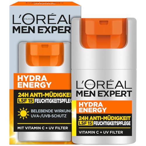 L'Oréal Men Expert Gesichtspflege mit LSF 15 für Männer, Belebende Feuchtigkeitscreme 24H Anti-Müdigkeit mit Sonnenschutz, Gesichtscreme für Herren mit Vitamin C und Proteinen, Hydra Energy, 1 x 50 ml