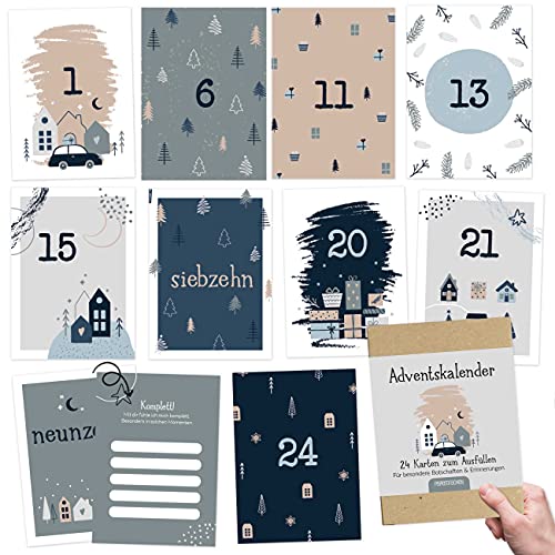 Papierdrachen Karten-Adventskalender zum Basteln und Verschenken für den Partner Set 3 | 24 Postkarten zum Gestalten | Geschenkidee in der Vorweihnachtszeit| mit liebevollen Motiven zum Aufhängen