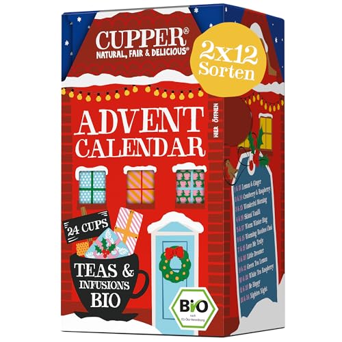 Cupper Bio Tee Adventskalender 2024, Geschenk Weihnachten, Weihnachtskalender ohne Schokolade mit 24 Teebeuteln, 2x12 Sorten, zwei neue Sorten