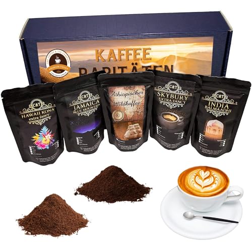 C&T edles und hochwertiges Kaffee Geschenk-Set | 5x Raritäten je 100g GEMAHLEN | Fünf exclusive Kaffeeraritäten inkl. Hawaii Kona + Jamaika Blue Mountain