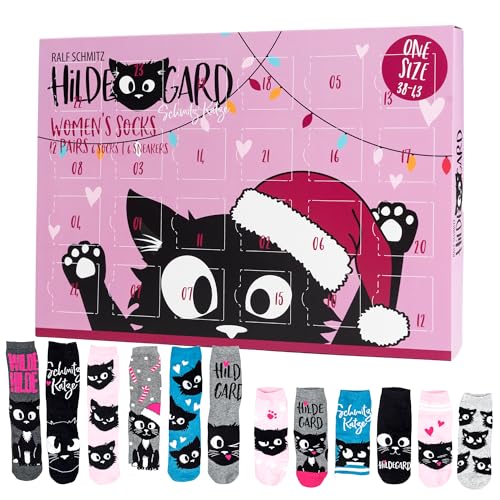 United Labels Ralf Schmitz Hildegard Adventskalender mit 12 Paar Socken Größe 38-43 für Damen Weihnachtskalender mit Sneakers und langen Socken