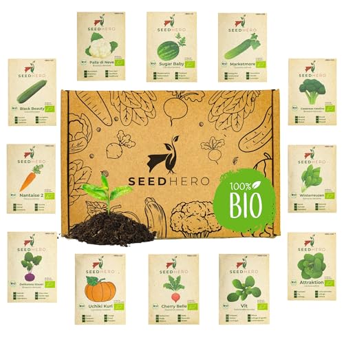 BIO Gemüse Samen Set - 12 Sorten Gemüsesamen aus biologischem Anbau, samenfestes Saatgut, Samen Gemüse Set mit Gurke, Radieschen, Zucchini, Wassermelone, Kohlrabi und mehr