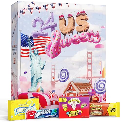 USA Adventskalender 2024 mit Amerikanischen Süßigkeiten ORIGINAL US CANDY - Adventskalender 2024 für Kinder, Frauen & Männer - US Sweets Adventskalender - USA Süßigkeiten 24 USA Sweets