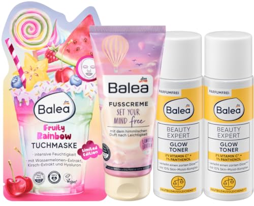 Balea 4er-Set Hautpflege: Tuchmaske FRUITY RAINBOW (1 St) + Fußcreme SET YOUR MIND FREE (100 ml) + Beauty Expert GLOW TONER wirkt beruhigend, unterstützt die Feuchtigkeitsbalance (2 x 100 ml), 300 ml