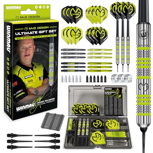 WINMAU MvG Dart Soft Tip Geschenkset - 50-teiliges Dart Set mit 4 Sätzen Dartschäften, 4 Sätzen Flüge und Zubehör