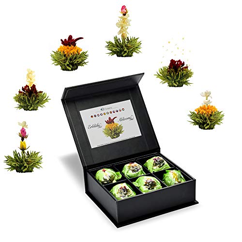 Creano 6 Teeblumen Geschenkbox grüner Tee in edler Magnetbox mit Silberprägung - 6 verschiedene Sorten - Geschenk zu Weihnachten
