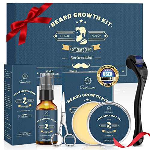 Beard Growth Kit, Oukzon Bart Wachstum Set - Bartwuchsmittel Männer mit Bartroller 0,25mm, Bartwuchs Bartöl,...