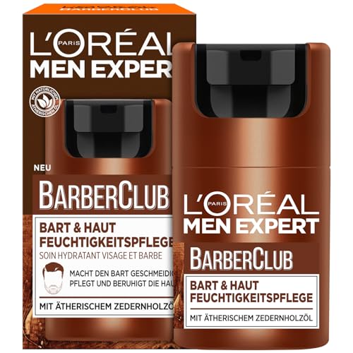 L'Oréal Men Expert Bart & Haut Feuchtigkeitspflege für Männer, Feuchtigkeitscreme für den 3-Tage-Bart, Gesichtscreme für Herren mit holzigem Duft und ätherischem Zedernholzöl, Barber Club, 1 x 50 ml