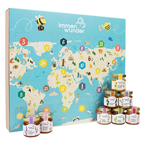 Immenwunder Geschenk-Set Honig – 24 Honige aus aller Welt – - mit erlesenen, naturbelassenen – Honigkalender als zu Ostern, Weihnachten, Geburtstag – 24x50g