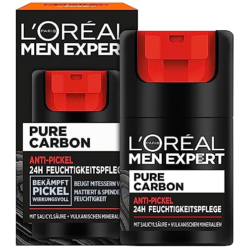 L'Oréal Men Expert Anti-Pickel Gesichtspflege für Männer, Feuchtigkeitscreme gegen Mitesser und Pickel Unreinheiten, Gesichtscreme für Herren mit Salicylsäure, Pure Carbon, 1 x 50 ml