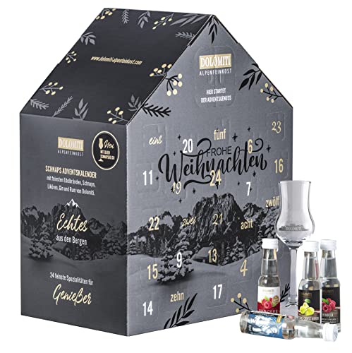 Schnaps- und Likör Adventskalender 2024 von Dolomiti - Geschenk-Idee für Genießer. Gin, Rum, Wodka und Wermut, Edelbrände, Schnäpse und Liköre. Schnaps Adventkalender